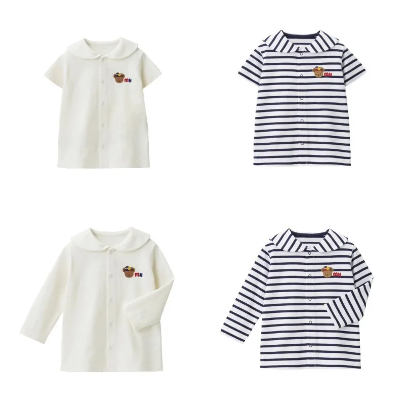 Kids Sailor Collar Shirt Cute Bear Color Letter Embroidery Striped Boy Long Sleeve Blouse Inner Wear Boys Short Sleeve Tops