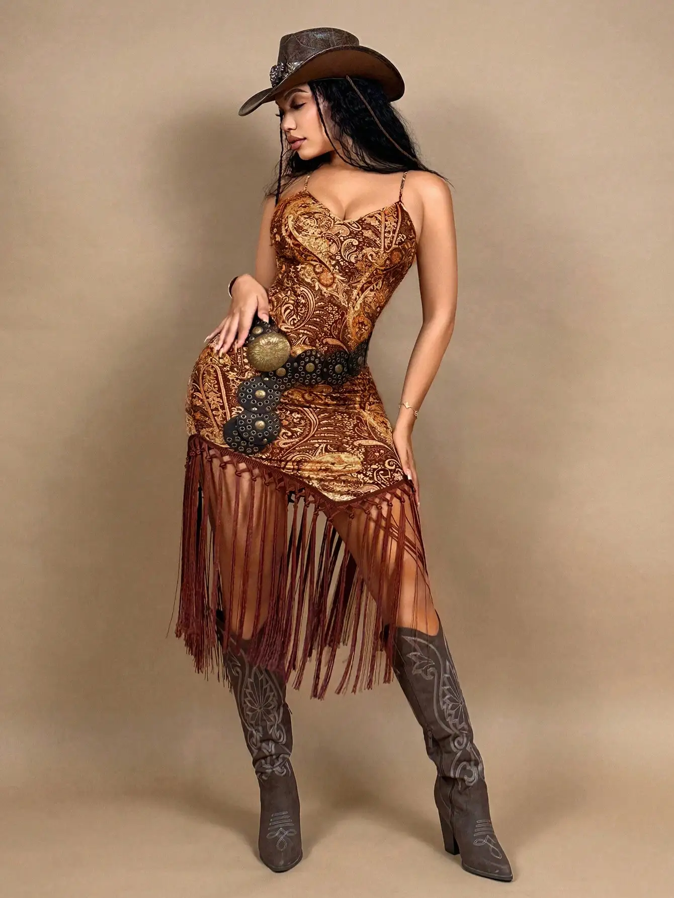 BWQ Vacation Music Festival Retro Printed Fringed Hem Backless Cami Mid-Length Dress, Women Summer Dresses,Western Wear Women