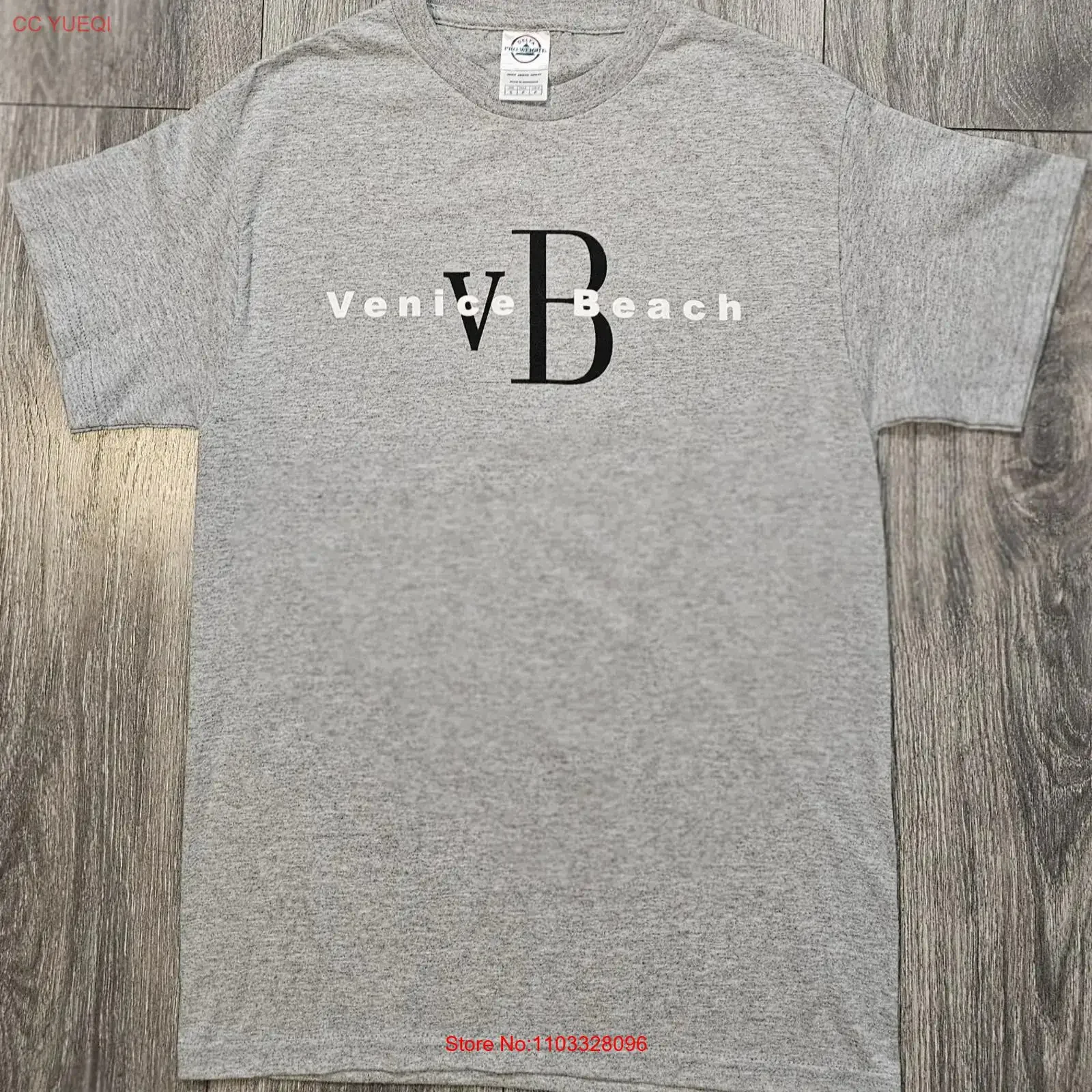 Camiseta gráfica vintage con estampado de Venice Beach California, color gris jaspeado, talla S para hombre, ropa de diseñador con efecto lavado vintage