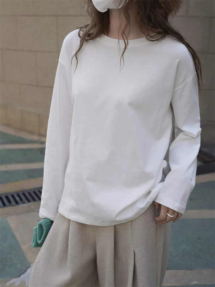 

HanOrange 2025 Winter Simple O-neck Long Sleeve T-shirt Women Casual Slimming Comfortable Skin Friendly Top Tees White