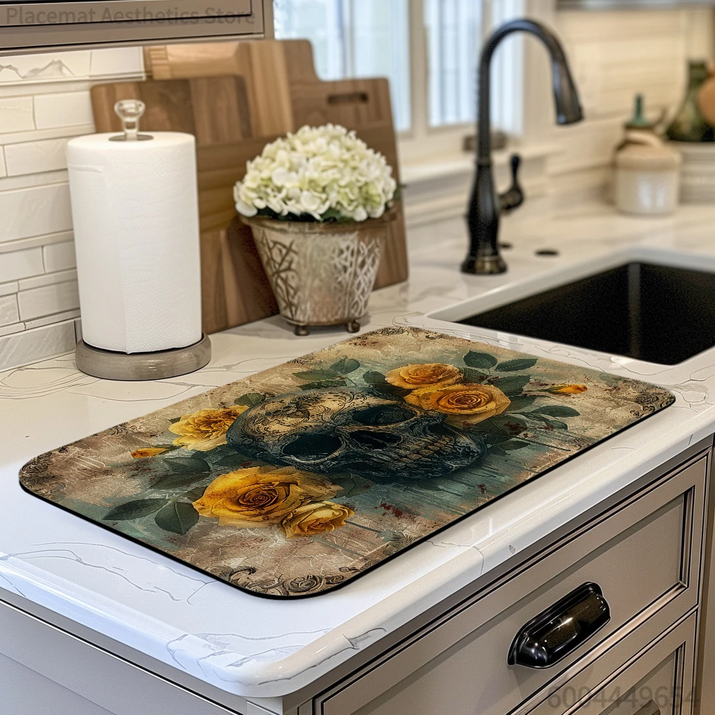 Coffee Mat Halloween Rose Absorbent Draining Dish Drying Mat Dry Bathroom Tableware Hide Stain Rubber Backed Absorbent Mat