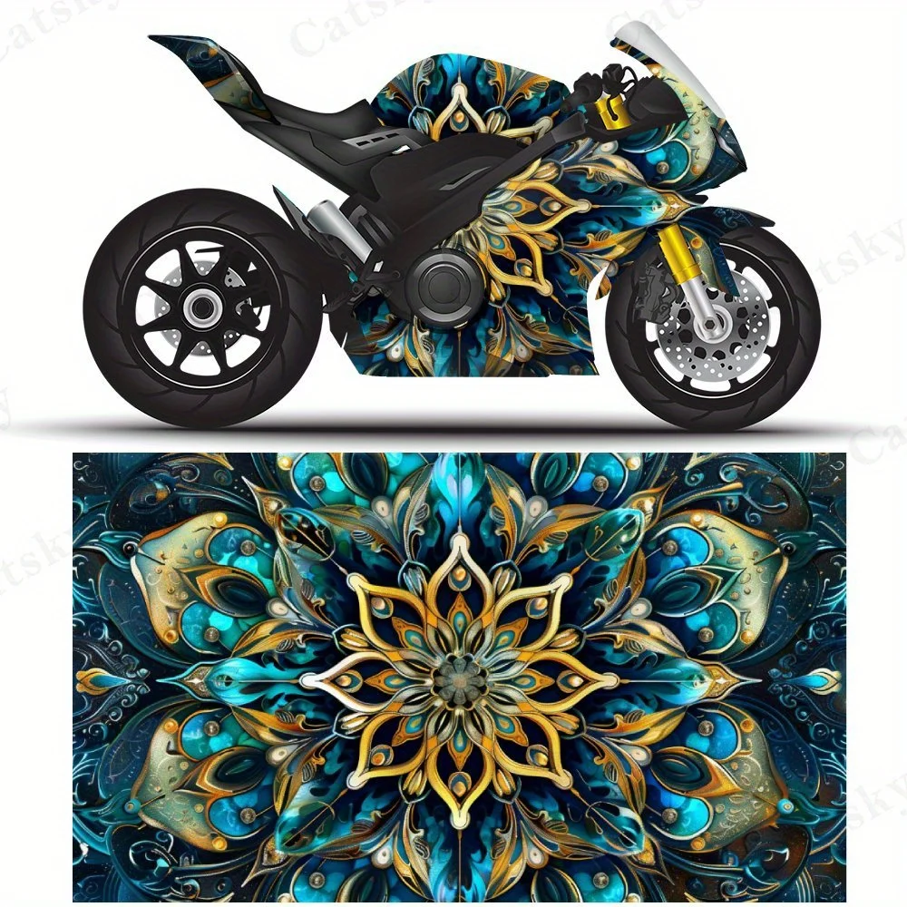 

Виниловая пленка для мотоцикла синего золота с мандалой, самоклеящаяся водонепроницаемая наклейка для мотоцикла из ПВХ, декоративная пленка против царапин для велосипеда