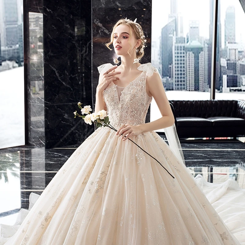 Supper Gorgeous Shiny Crystal Lace Ball Gown Wedding Dress Wih Chapel Train V-neck Bow Shoulder Princess Bridal Dresses