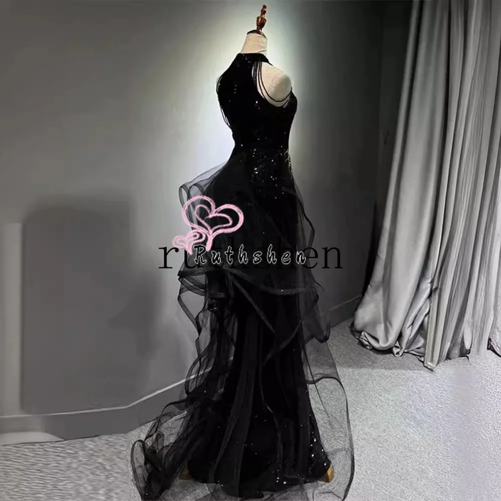 Gaun Hitam Wanita Elegan Halter Leher Ruffles Gaun Malam Formal Mewah 2025 Panjang Vestidos De Noche Disesuaikan
