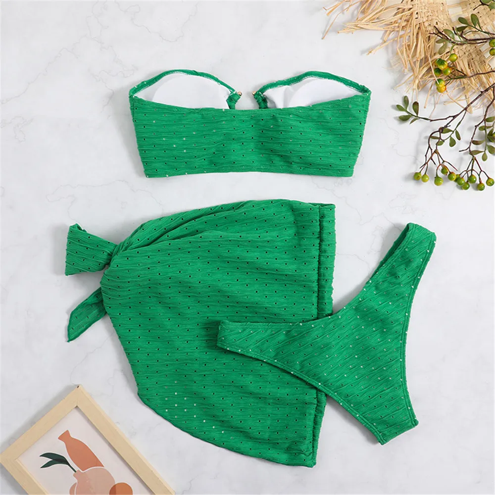 Green Texture Bandeau Bikinis Sets Swimwear Cover Up Sexy Swimsuit Women Metal Ring Bathing Suit Beach Wear Bikini 2025 Mujer