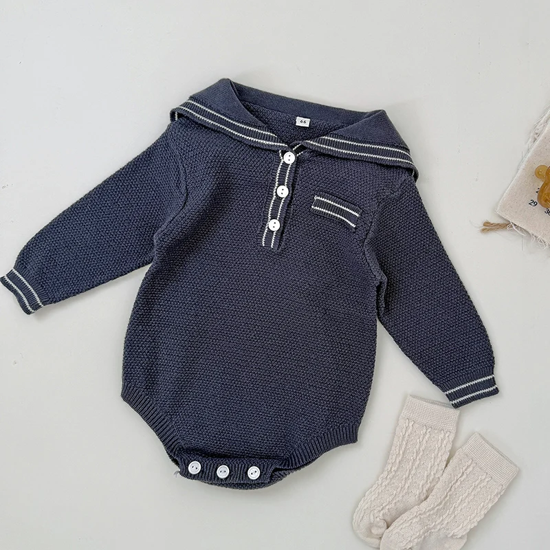 ربيع جديد 2026 ملابس أطفال 0-24 متر للأطفال الرضع والأولاد والبنات بياقة بحرية وأكمام طويلة بدلة محبوكة لحديثي الولادة #5