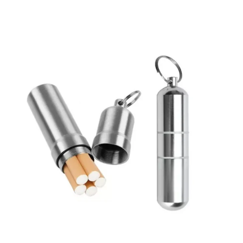 Silver Aluminum Alloy Cigarette Box Waterproof Cigarete Case Pill Toothpick Capsule Holder with Keychain Mens Gift