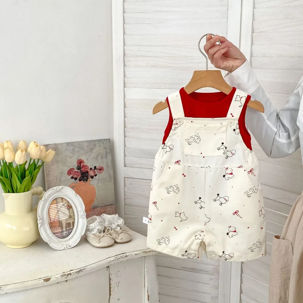 

2026 Summer Children Girl Clothing Set 0-5Years Toddler Kids Sleeveless Vest Tops+Dog Print Overalls 2PCS Clothes