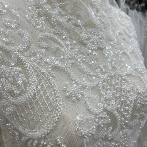 Imagen 2 del producto Tela de encaje bordado con cuentas de lentejuelas de lujo, adecuada para vestido de novia personalizado privado, diseño de vestido de tela de encaje