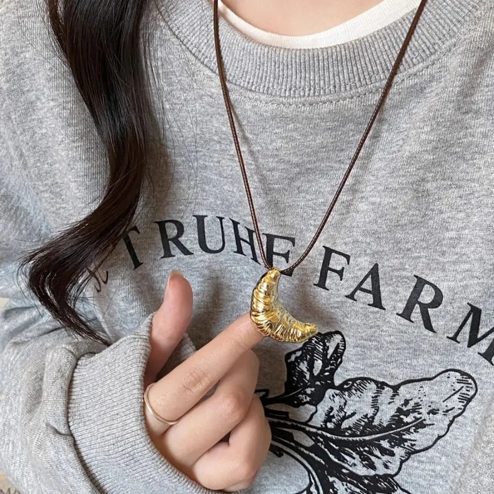 Cute Korean Style Croissant Pendant Necklace Bread Charms Rope Chain Necklace Handmade Minority Design Long Sweater Chain Girl