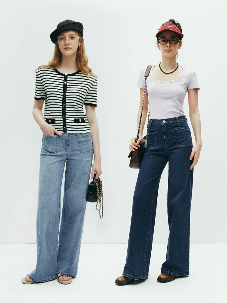High Elastic Comfortable Slimming Casual Straight Leg Double Pocket Wide Leg Jeans Women's Spring Autumn Loose Fit Jeans
