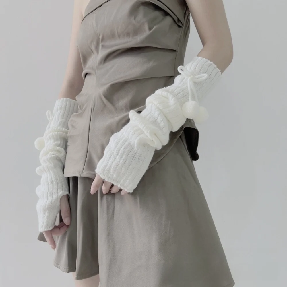 Moda longa braço mais quente luvas bonito bola peluda malha quente braço manga à prova de frio luvas sem dedos outono inverno