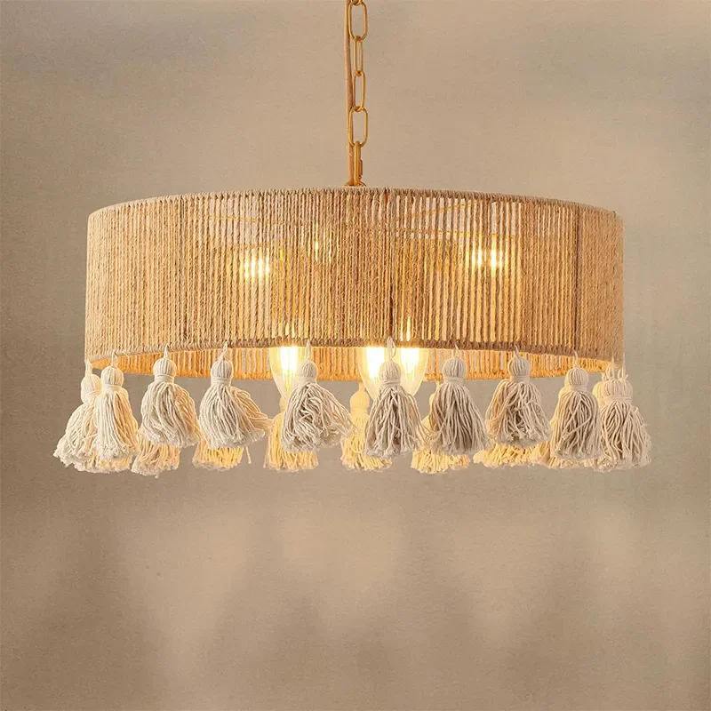 Boho Woven Paper Rope Fringe Ceiling Lamp Retro Creative Pendant Light for Living Room Bedroom Decor
