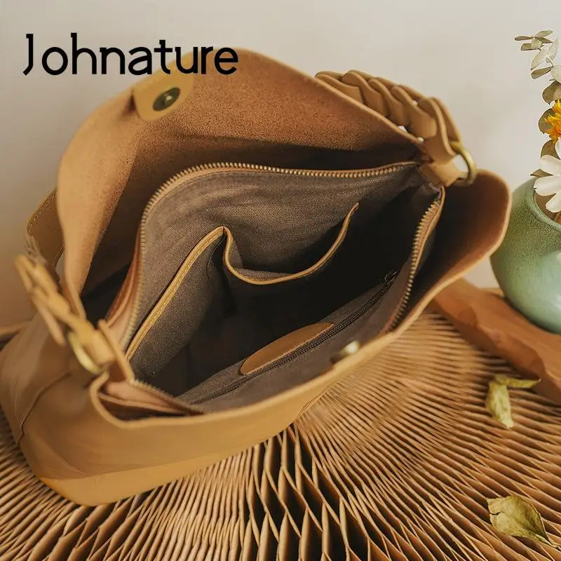 Johnature borsa tote da donna alla moda in vera pelle 2024 nuove borse a tracolla versatili semplici in vera pelle bovina morbida naturale tinta