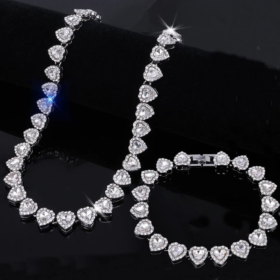 Trendy Shiny Heart Zircon Hip Hop Rock Tennis Chain Jewelry Set - Bracelet & Necklace Combo For Women & Men