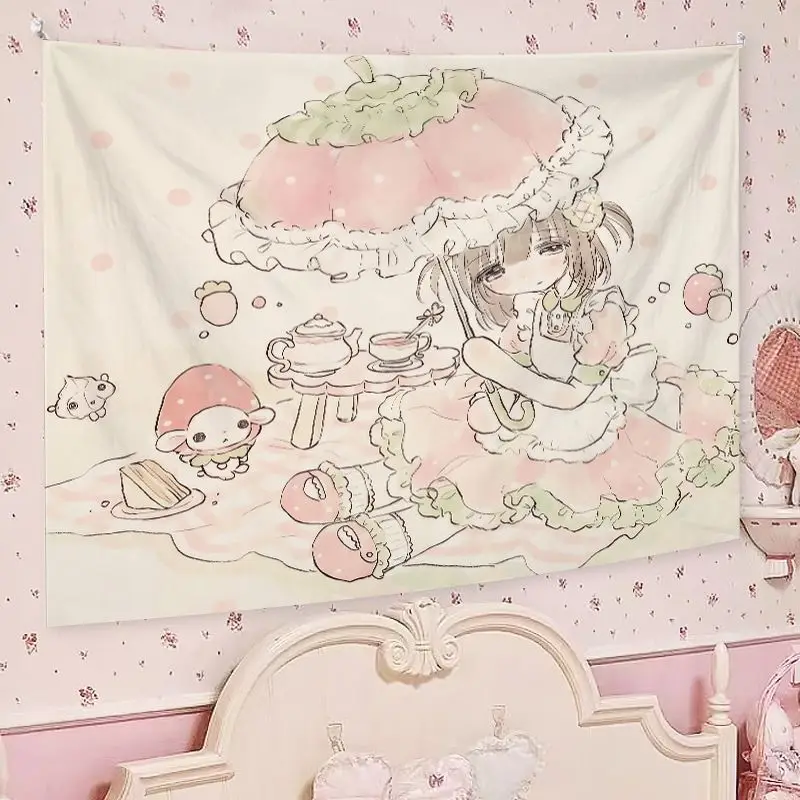 VIKAMA Pink Cute Anime Girl Tapestry, Kawaii Aesthetic Wall Hanging, Sweet Girls Bedroom Dorm Decor, Photo Backdrop