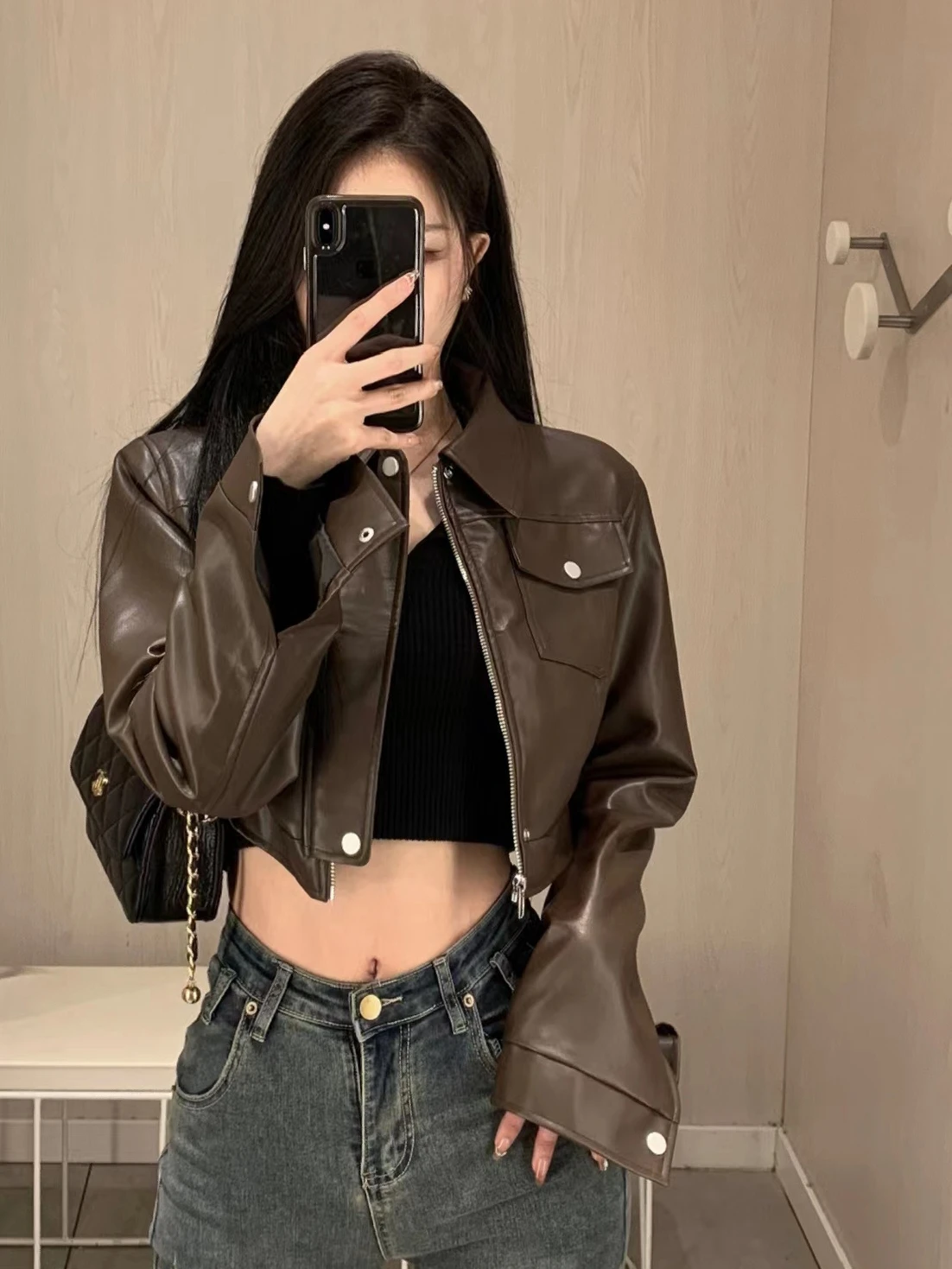 American retro high-end PU leather jacket 2024 new jacket for women, short motorcycle leather jacket top, autumn