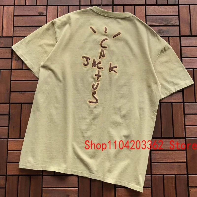 Real Photo CACTUS JACK T-shirt Vintage Grey-green Back Letter Logo Foaming Print Short Sleeve Men Women Cactus Jack Tops Tee