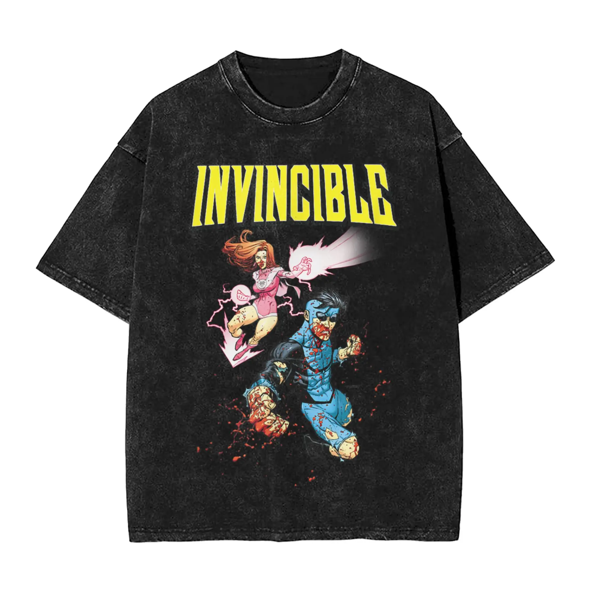Washed T Shirt Invincible and Atom Eve Attack T-Shirt High Street  Streetwear 100% Cotton Graphic Printed Tops Tees Men Women