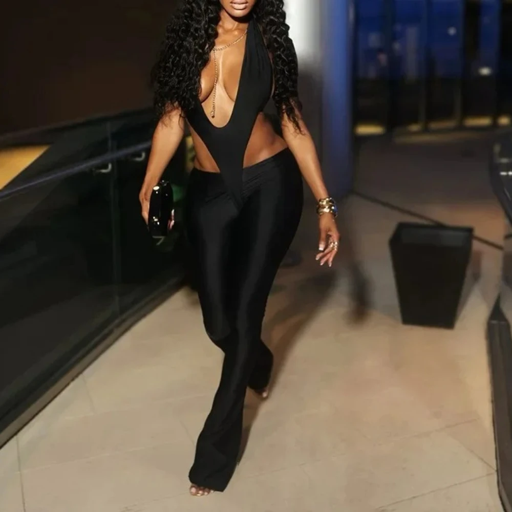 

Patchwork Slim Flare Jumpsuits Women Black Sexy Deep V Neck Halter Lace Up Backless Peach Hips Skinny Overalls Clubwear Rompers