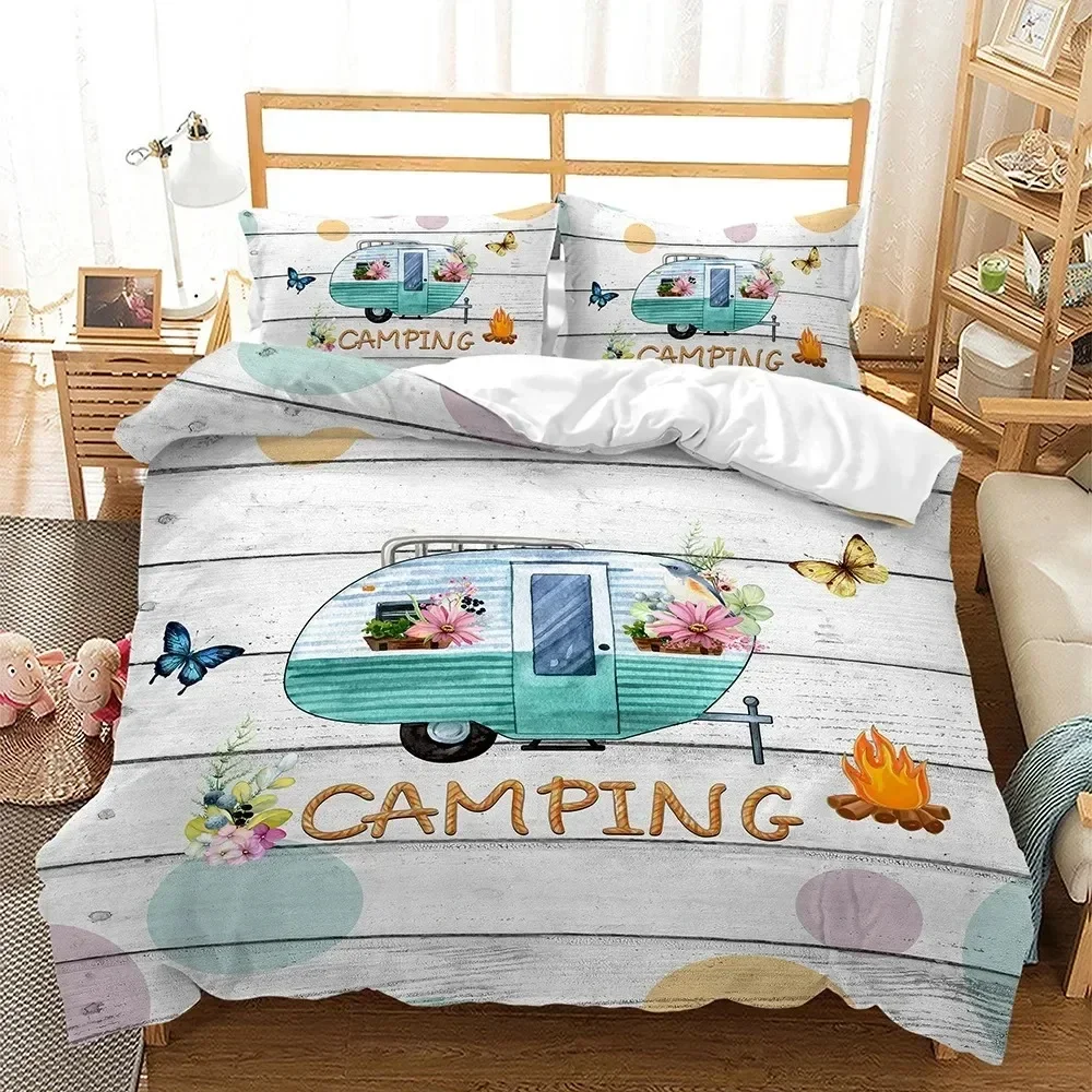 

3D Camper Time Print Bedding Set Camping Car Duvet Cover Travel Theme Cartoon Camping Comforter Cover Full King for Teens Adult