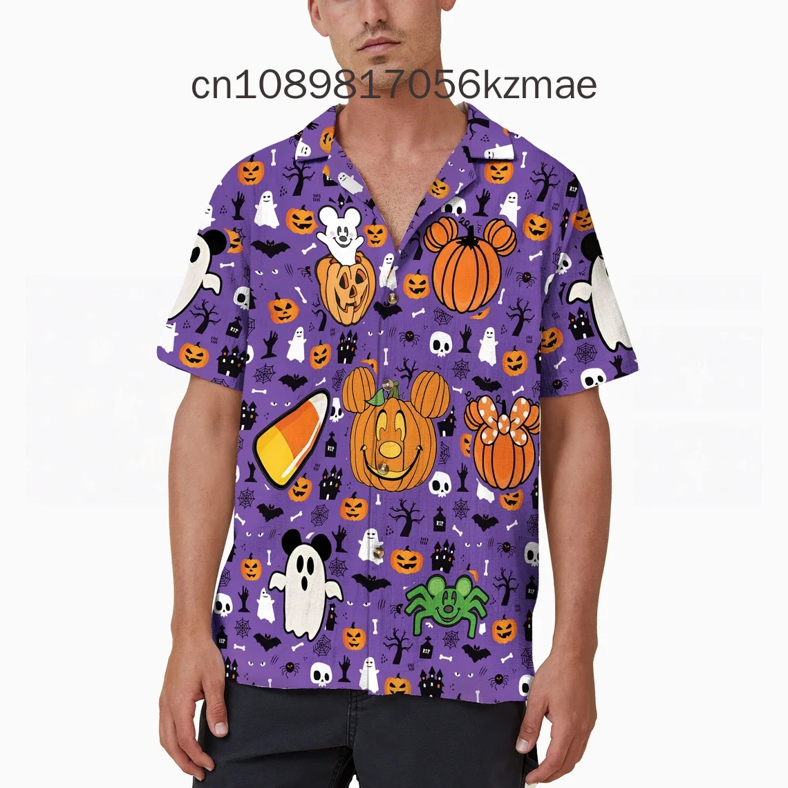 

2024 Funny Scary Boo Mickey Head Halloween Hawaiian Shirt Men's Button Down Short-Sleeved Shirt in Men Casual Beach Shirt