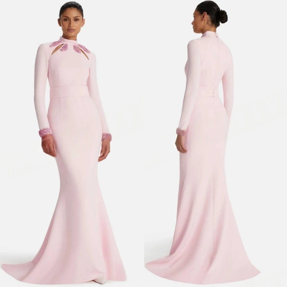 

Элегантное вечернее платье русалки из джерси по индивидуальному заказу. Изысканные платья для выпускного вечера с длинными рукавами. Современные платья с высоким воротником для особых случаев.