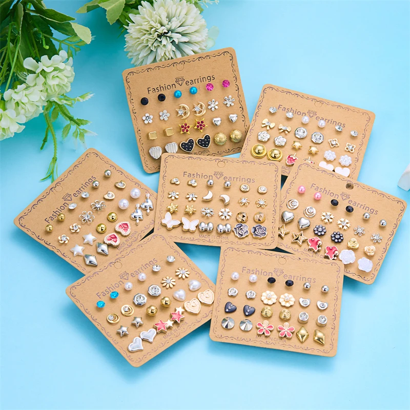 12 Pairs/Set Rose Moon Star Heart Stud Earrings for Girls Women Trendy Colorful Butterfly Dog Geometry Jewelry Pierced Gifts
