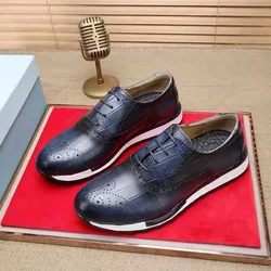 Handmade British Style Men Leather Brogues Sneakers Top Genuine Leather Lace Up No Slip Men Outdoor Dating Shoes