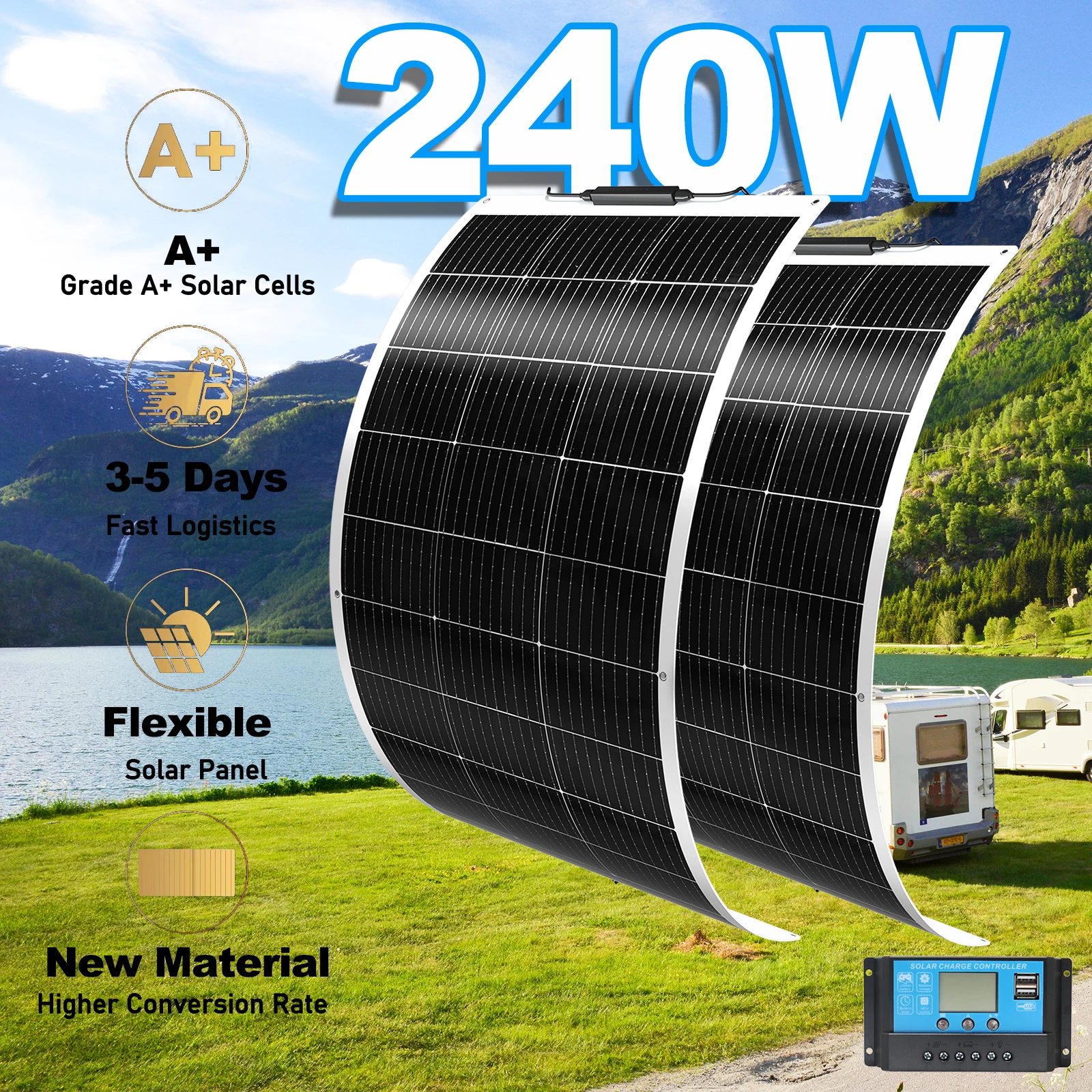 240W 120W Flexibles Solarpanel-Set 12V Solar-Ladepanels Photovoltaik-System Solarplatte, für Haus, Balkon, Wohnmobil, RV