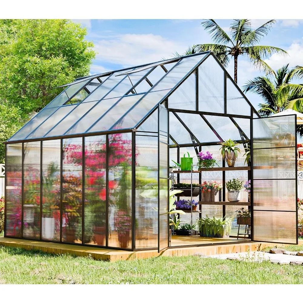 

Polycarbonate Greenhouse Kit, 12x10 Feet Outdoor Heavy-duty Greenhouse with Windows and Doors, Suitable for Backyard Gardens