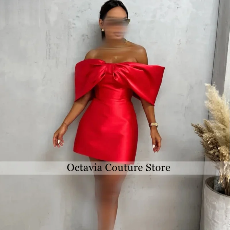 A Line Red Satin Mini Customized Prom Party Dresses Women Bridesmaid Gowns Off The Shoulder Formal Homecoming Dress
