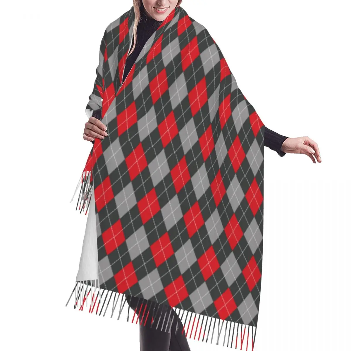 

Fashion Red Black Argyle Pattern Tassel Scarf Women Winter Warm Shawls Wraps Ladies Scarves