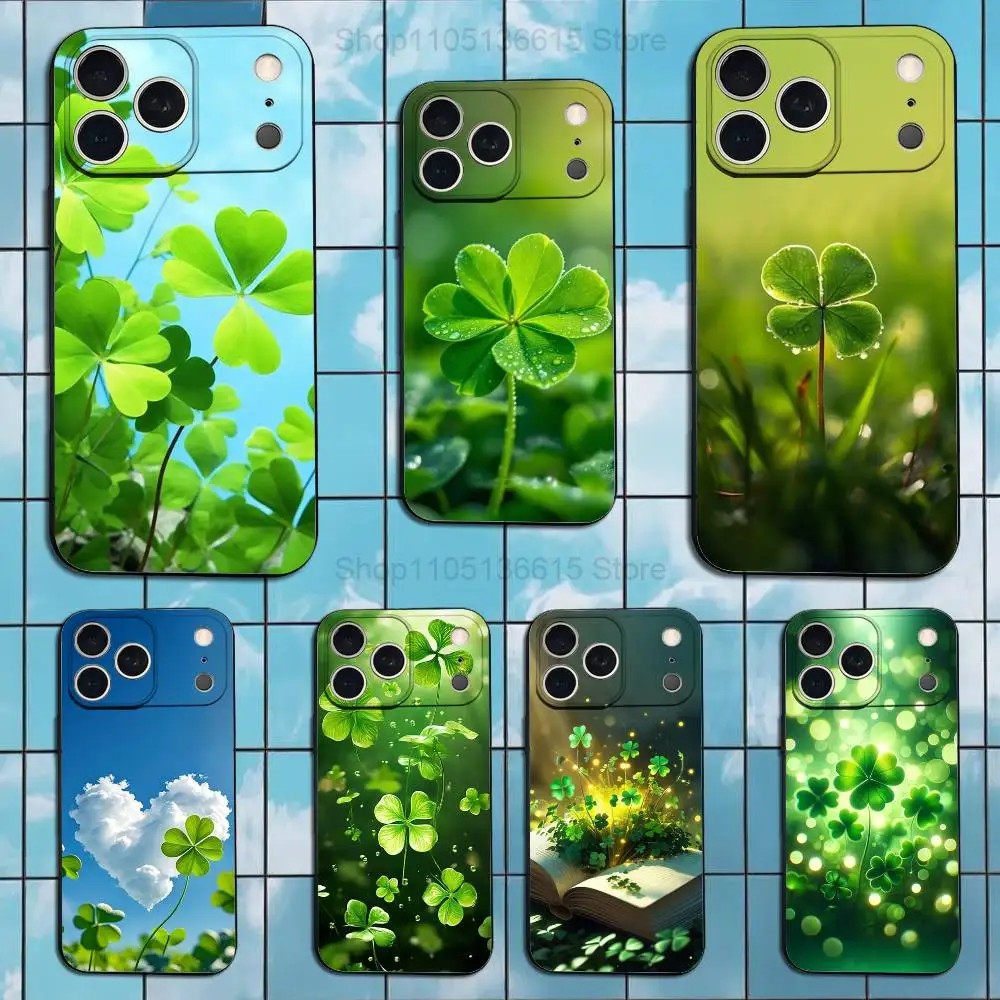 

Lucky Art Four Leaf Clover Phone Case For iPhone 17,16,15,14,13,12,11,Plus,Pro Max,XS,X,XR,SE,Mini,8,7,Soft Silicone Black Cover