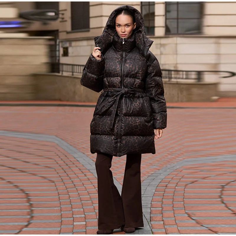 Leopard Print Hooded Puffer Women's Winter Coat Belted Waist Midi Length Padded Jackets for Woman Jacket Warm Streetwear