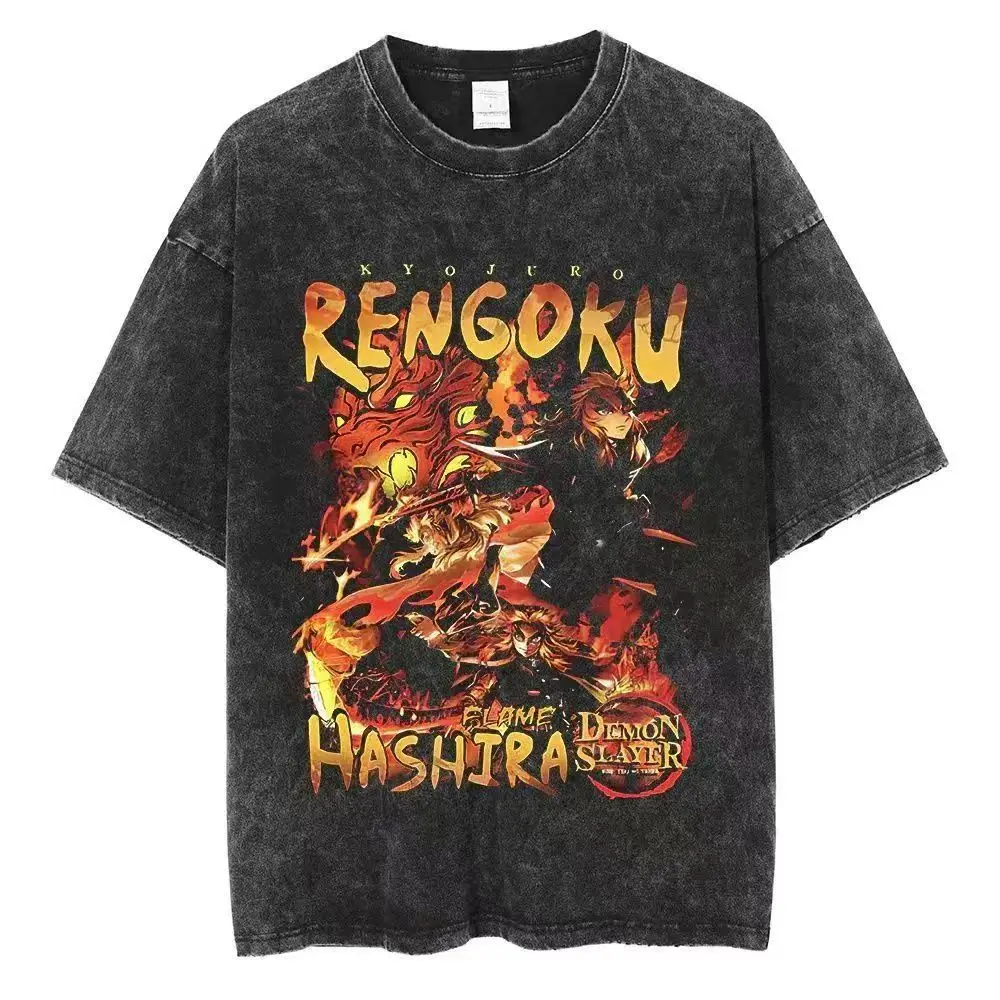 Washed to make old American Ghost Blade anime ukiyo-e summer retro t-shirt street trendy round neck short sleeved t-shirt