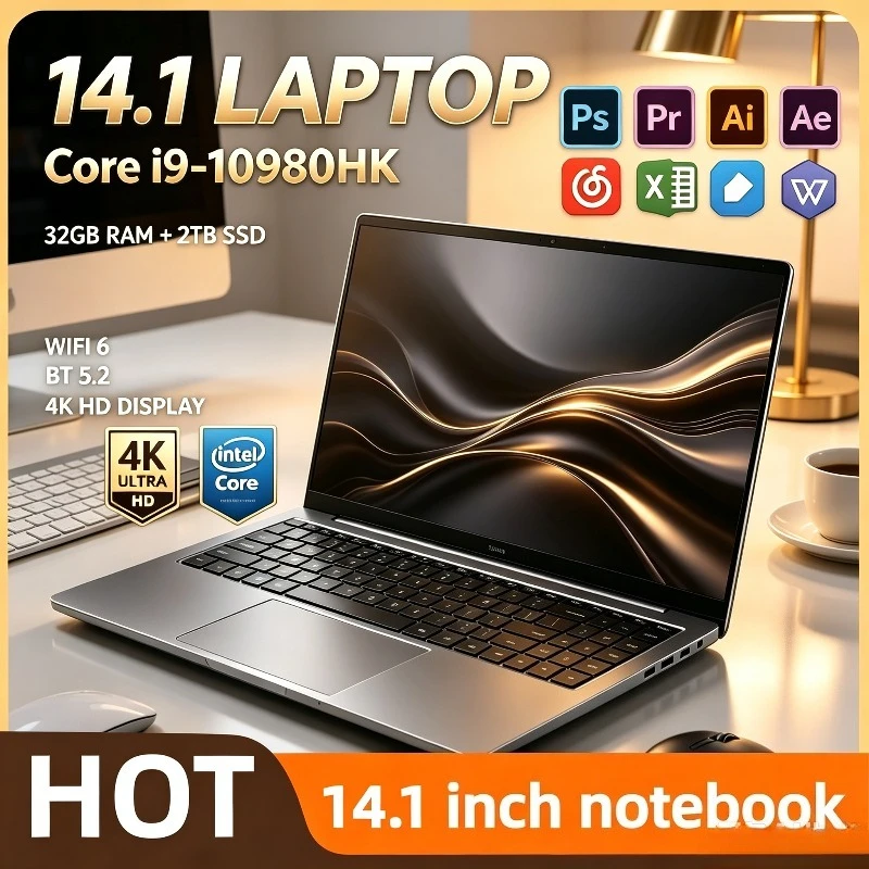 Intel Core i9 10980HK 14.1 Inch Pro Laptop 8C 16T 2.4 5.3GHz 16MB 45W 32GB RAM 1TB 2TB M.2 SSD Gaming Notebook Fast New Black