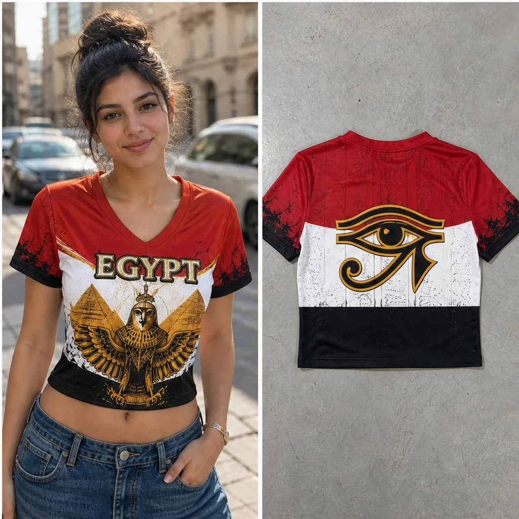 Womens Egypt Eye Goddess V Neck Cropped Short Sleeve T Shirt Ancient Pyramid Graphic Casual Summer Streetwear Top For Daily Wear