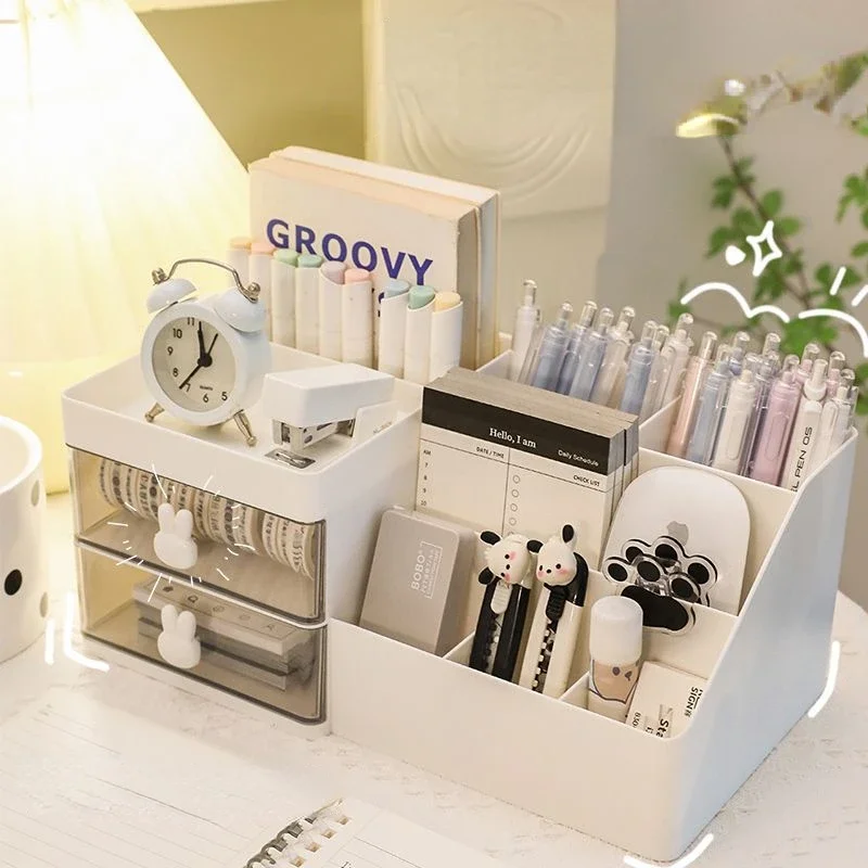 Desktop Cosmetic Storage Box Organizer Drawer Office Storage Rack Stationery Desk Pen Holder Bunny Drawer Organizer Cute Kawaii