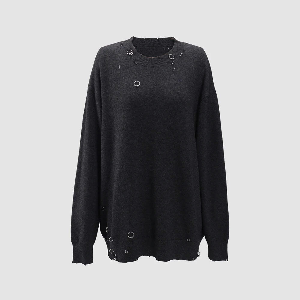 T-shirt girocollo da donna elegante con dettaglio anello in metallo 100% misto lana manica lunga pronta per pendolari Top stile Y2K Primavera 2026 Nuovo