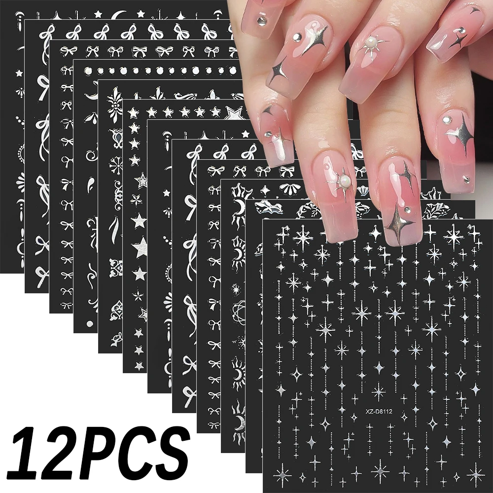 12 Stück 3D Bronzing Metall Silber Flamme Nagelaufkleber Y2k Stern Mond Schlange selbstklebende Schieber Französisch Streifen Linie Schleife Maniküre Aufkleber