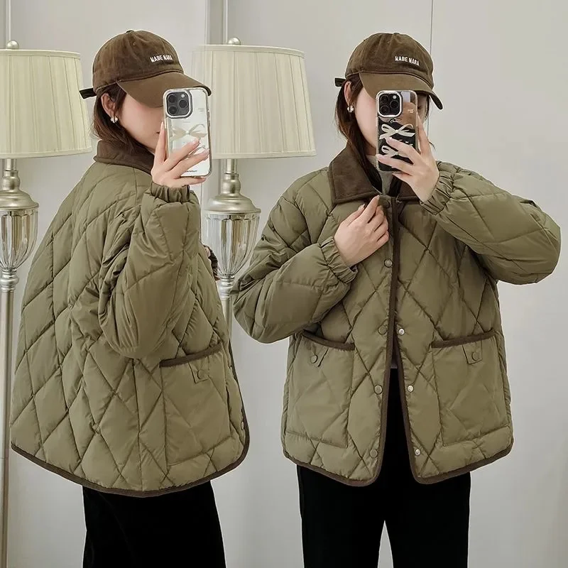 Diamond Grid Cotton Jacket 2024 New PU Leather Stylish Loose And Color Blocking Versatile Short Autumn And Winter Quilted jacket