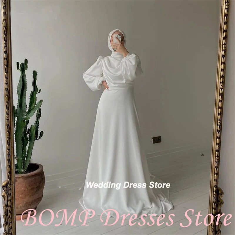 

BOMP Muslim Vintage Ivory A Line Evening Party Dress Long Sleeve High Neck Prom Gown With Hijab Formal Dresses customized