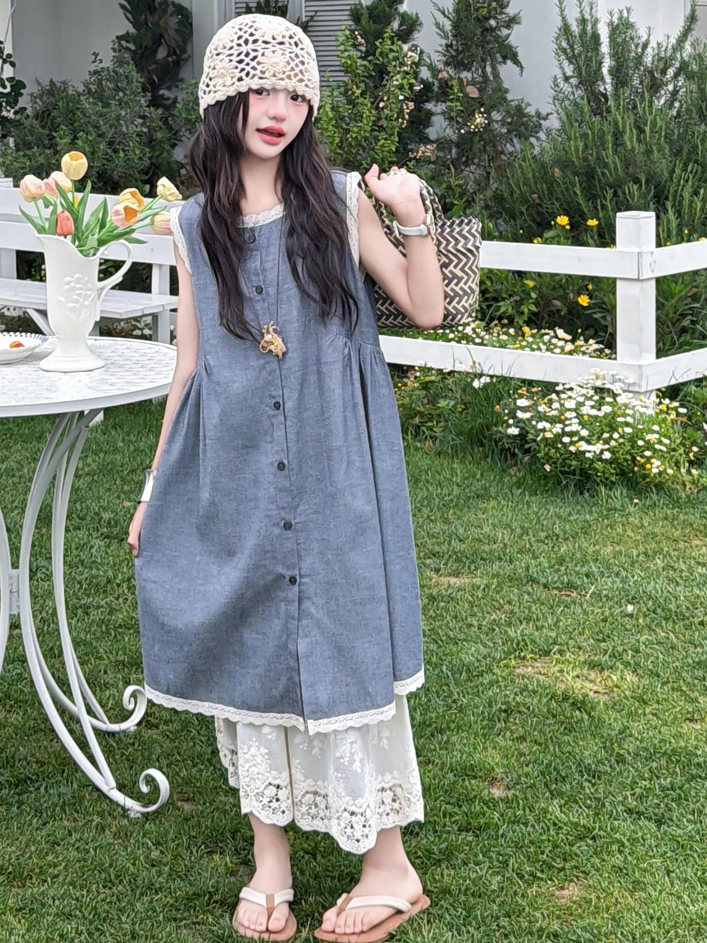 girls-summer-lace-patchwork-open-cardigan-set-two-pieces-overlap-wide-leg-pants-casual-style-outfit-for-kids-breathable-cool