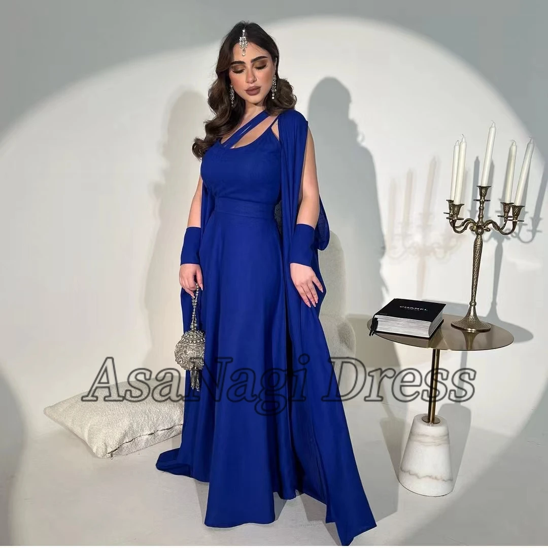 

AsaNagi Royal Blue Evening Dresses With Cape Spaghetti A Line Women Formal Party Dress 2023 vestido de gala فساتين السهرة