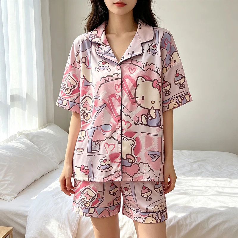 2026 New Cute Cartoon Hello Kitty Satin Sleepwear Set Women Short Sleeve Shorts Soft Comfy Summer Casual Fashion Home Loungewear
