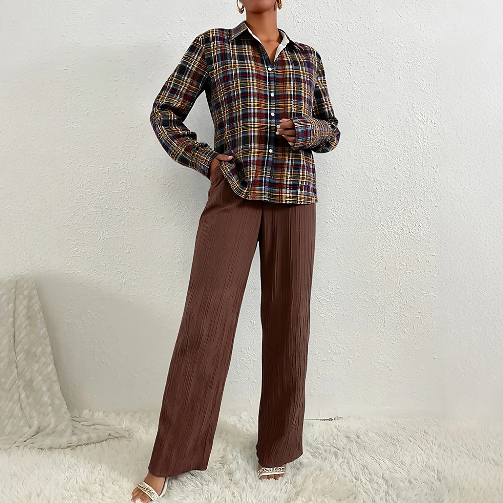 

Mia Muse Autumn Shirts 2025 Women's Chic Comfortable Plaid Long Sleeve Shirt Collar Fitting Slim Vacation Shirts