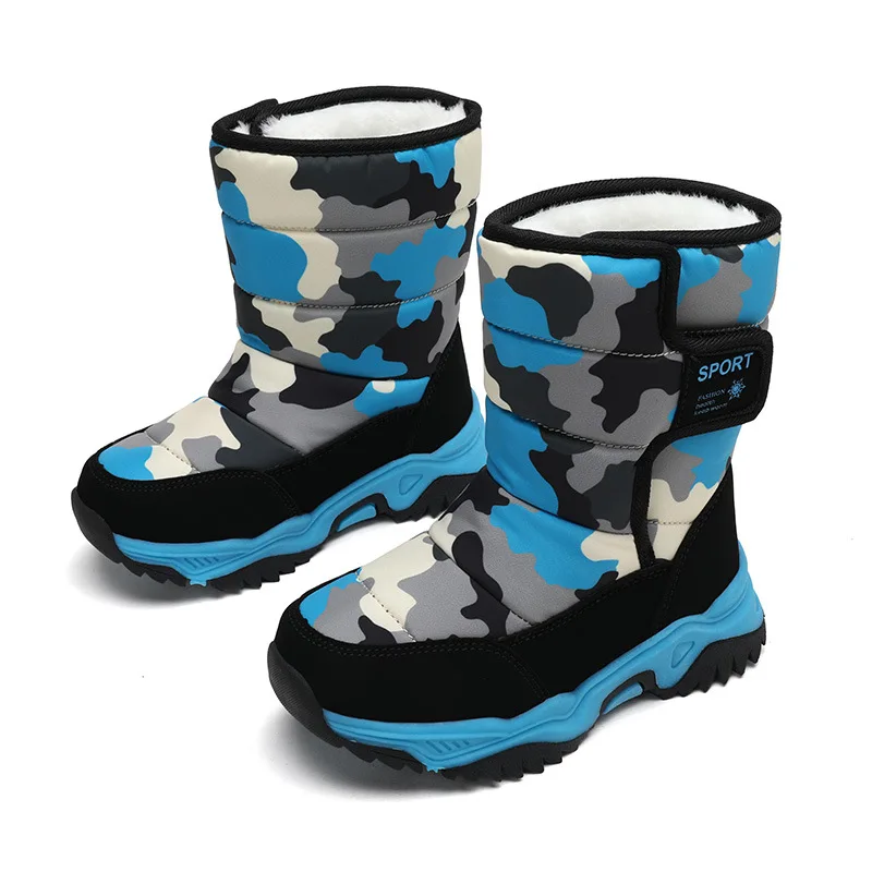 Children Winter Snow Boots Boys Camouflage Padded Cotton Shoes Girls Thickened Winter Warm Boots High Top Velcro Comfort Boots