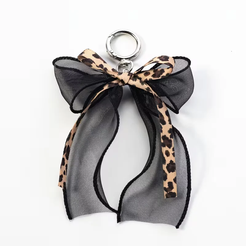 Leopard Print Bow Keychain Black Mesh Edge‑trimmed Bow Bag Charm Key Ring Bag Accessory