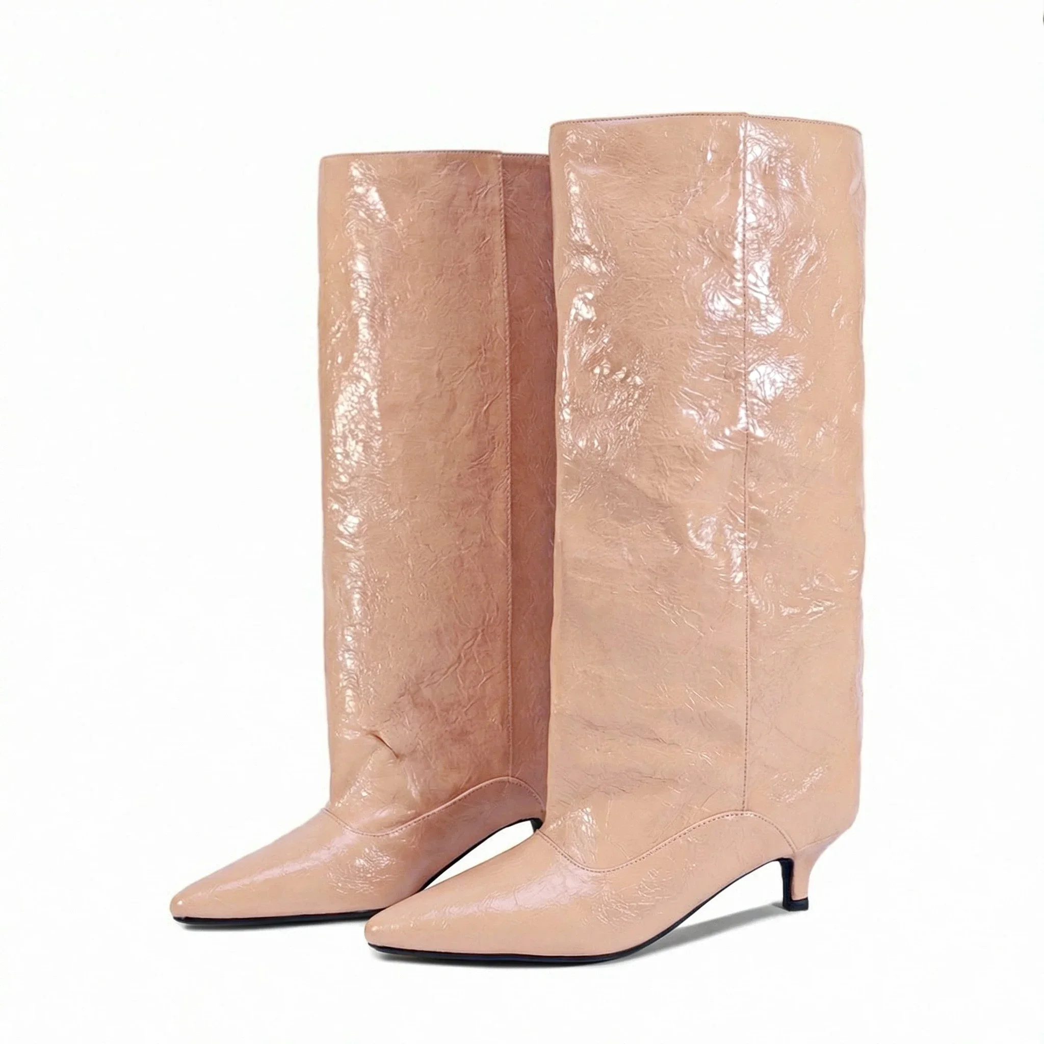 Women's Shoes 2026 Kitten with Oversized Wide Tube Design, Waste Soil Style, Wrinkle Catching Oil Leather Knee High Sleeve Boots